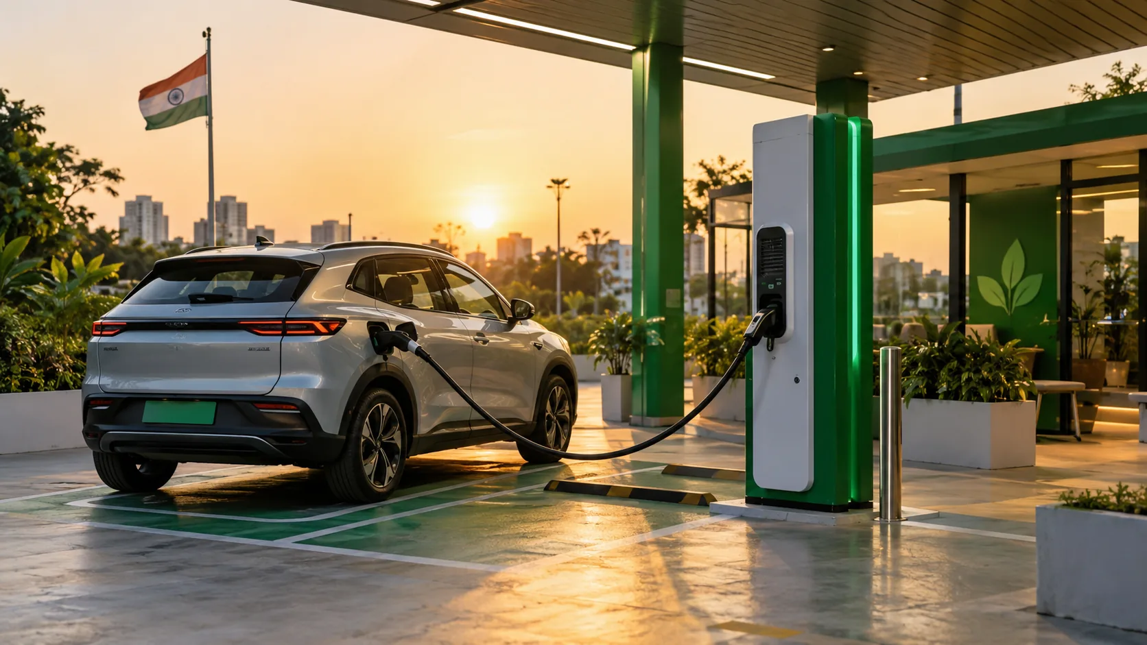 An EV charging at a modern charging station